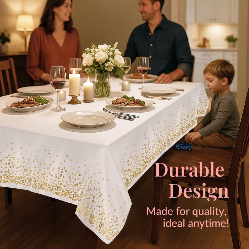 Prestee 12-Pack White and Gold Tablecloth - 54x108 Inch - Disposable Table Covers for Party, Weddings, and Holidays - Waterproof Christmas Tablecloth, Stain-Resistant Plastic Table Cover Set - Image 4